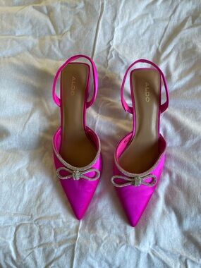 ALDO Fuchsia Satin Pointed Slingback Heels with Crystal Bow